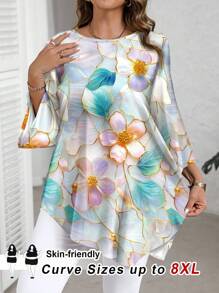 SHEIN CURVE+ Đầm dài in họa tiết tối giản, giản dị, cỡ lớn, áo cánh sang trọng cho nữ/Mùa thu/Đông - Nhiều màu - Xem 1