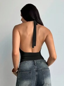 Aloruh Áo hai dây hở lưng cổ chữ V viền ren cho nữ - màu đen - Xem 2