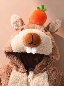 SHEIN Playful Pals 新生儿可爱水豚毛绒连帽连体衣、长袖和裤子套装