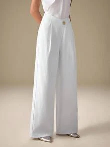 Selenza 女式金属纽扣腰口袋褶皱阔腿宽松休闲牛仔裤 - 白色 - 查看 4