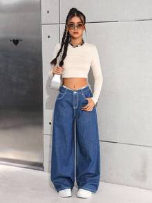 SHEIN 少女宽松阔腿深蓝色牛仔裤