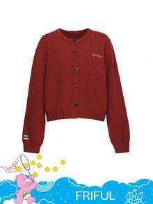 FRIFUL SHEIN X Care Bears 女式圆领字母刺绣纽扣开衫 - 紅色 - 查看 14