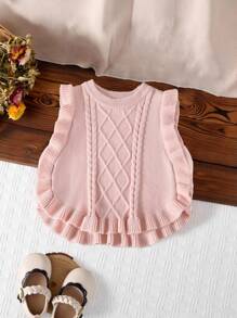Young Girls' Pullover Knit Sweater Vest,Pink,Party,Elegant Lady Style Twist Rope & Ruffle Hem Design,Versatile For Daily Wear,Home,Outdoor,Fall Winter - Pink - View 7