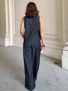 DAZY 女士夏季无袖背心和宽松褶皱喇叭下摆裤休闲两件套牛仔套装 - 深色水洗藍 - 查看 4