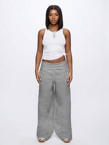 SUMWON WOMEN 宽腿休闲裤，带翻折腰带，柔软舒适，休闲日常穿着，秋冬服装 - 深灰色 - 查看 5