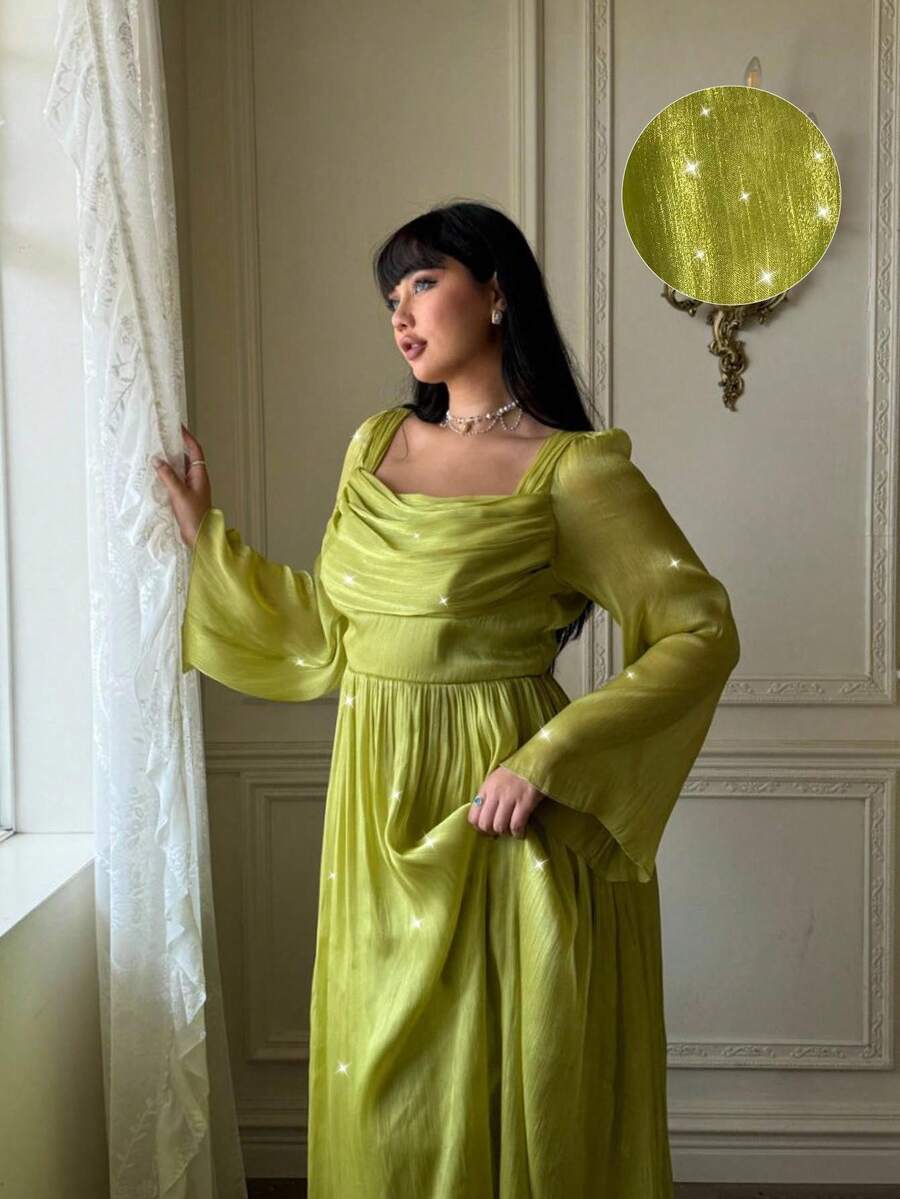 Lyrianda Plus Size Sequin Waist Fitted Long Sleeve Dress With Square Neckline Fall Cloth For Women