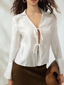 Chiquease Women's Autumn Turndown Collar Raglan Shirt, Front Slit Opening, Bowknot Tie Effect, Textured Woven Fabric, Casual Style Fall Cloth For Women - White - View 4