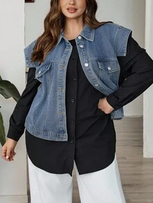 SHEIN CURVE+ 大码女式拼色长款牛仔夹克 - 黑色 - 查看 4