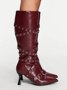 ROMWE Grunge Punk Women's 2025 Autumn/Winter New Gothic Buckle Strap Pointed Toe Fashion Mid-Calf Boots For Christmas Y2K - Burgundy - View 4