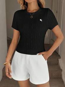 刺绣短袖圆领白色女式毛衣 - 黑色 - 查看 4