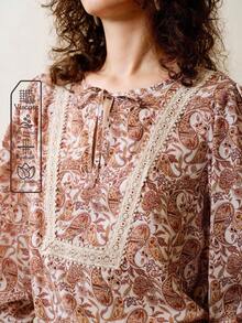 Arave Women's Viscose Fabric, Loose-Fitting Retro Paisley Print, Tie-Neck Collar, Lace Cuffs, And Patchwork Design For Everyday Casual Wear Fall Clothes For Women Western Wear Women Boho Women Clothing Country Outfits Women