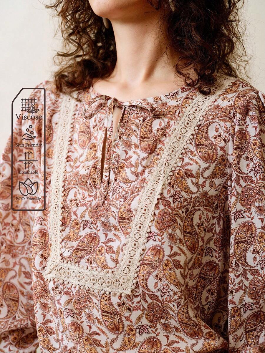 Arave Women's Viscose Fabric, Loose-Fitting Retro Paisley Print, Tie-Neck Collar, Lace Cuffs, And Patchwork Design For Everyday Casual Wear Fall Clothes For Women Western Wear Women Boho Women Clothing Country Outfits Women