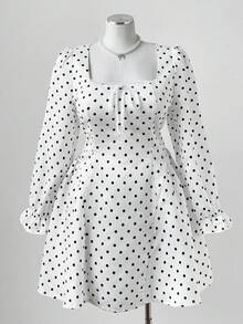 Sweetra A-Linie Taille Raffung Mini Kleid, Polka Dot Satin glänzend elegantes Herzausschnitt Langarm, Slim Fit, Lässig Chic Kurzkleid in Große Größen - Aprikosenfarben - Übersicht 6