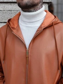 Manfinity CasualCool Men's Autumn Solid Color PU Leather Hooded Jacket,Burnt Orange Streetwear Bomber Coat,Hiking Outdoor Warm Zip Front Drawstring Long Sleeve Clothing - Brown - View 4