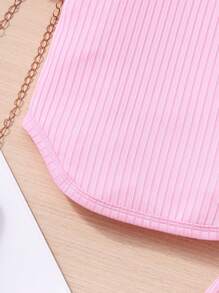 2pcs Young Girl' Plain Ribbed Crew Neck Pearl Short Sleeve Top And Flared Pants Set, Casual Summer Outfit Summer Holiday