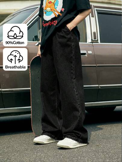 SHEIN Tween Boy Fashion Casual Y2k Basic Loose Comfortable Straight Leg Jeans For Kids Clothes Boys Costume Dailywear And Kids Summer And Spring Clothes