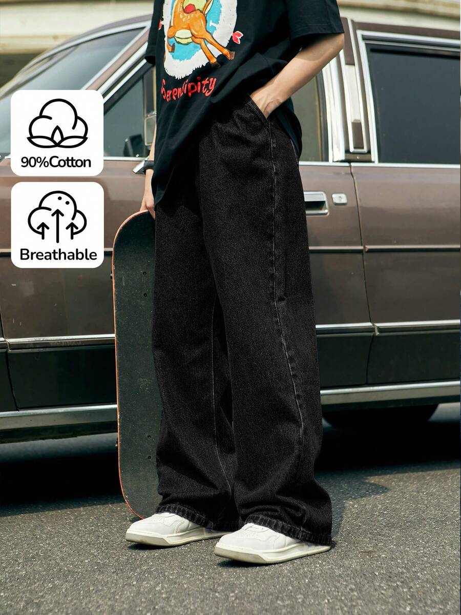 SHEIN Tween Boy Fashion Casual Y2k Basic Loose Comfortable Straight Leg Jeans For Kids Clothes Boys Soft Dailywear And Kids Summer And Spring Clothes - Black - View 1