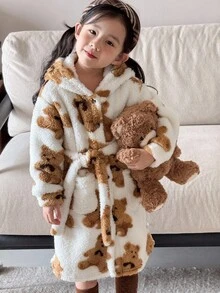 SHEIN 小女孩毛绒连帽长袖系带睡袍睡衣，熊图案羊毛厚家居服，兄弟姐妹/家庭装 - 卡其色 - 查看 5