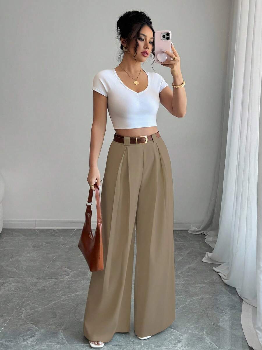 SHEIN PETITE Fashionable Versatile Solid Color Wide Leg Pants Fall Cloth For Women - Khaki - View 1