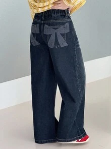 DAZY 秋冬款女童蝴蝶结印花牛仔裤 - 藍色 - 查看 6