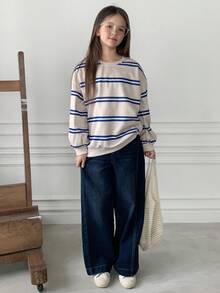 Dazy Kids Tween Girls Striped Crew Neck Fleece Sweatshirt, Fall,Winter - Multicolor - View 2