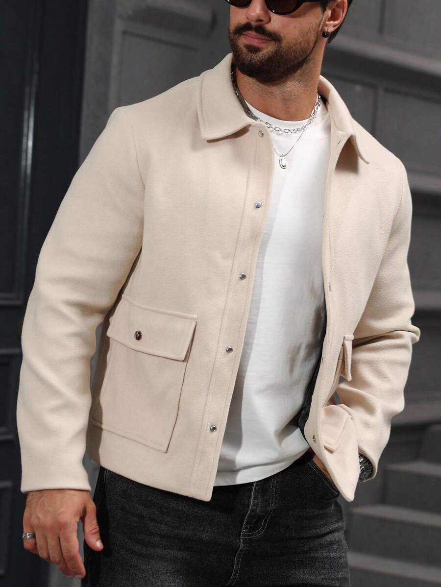 Manfinity CasualCool Herren Lässig Patchentaschen Langarm Einreiher Mantel, Herbst/Winter