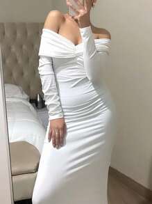 Slaydiva Women's Solid Color Ruched Off Shoulder Slim Sexy Long Sleeve Dress - White - View 5