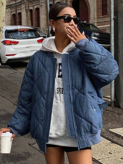 DAZY Quilted Diamond Pattern Patchwork Ribbed Loose Fit Women Padded Coat Winter Jacket