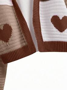 Tween Girls Knitted Cardigan,Brown Heart Color Block Long Sleeve Sweater Top,Cute Autumn Sunday Back-To-School Style,Casual Daily Wear Fall Winter - Multicolor - View 4