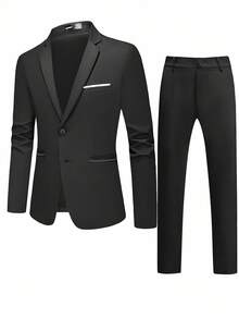 Manfinity Mode 男士秋季翻领长袖夹克和裤子休闲商务旅行西装套装 - 黑色 - 查看 4