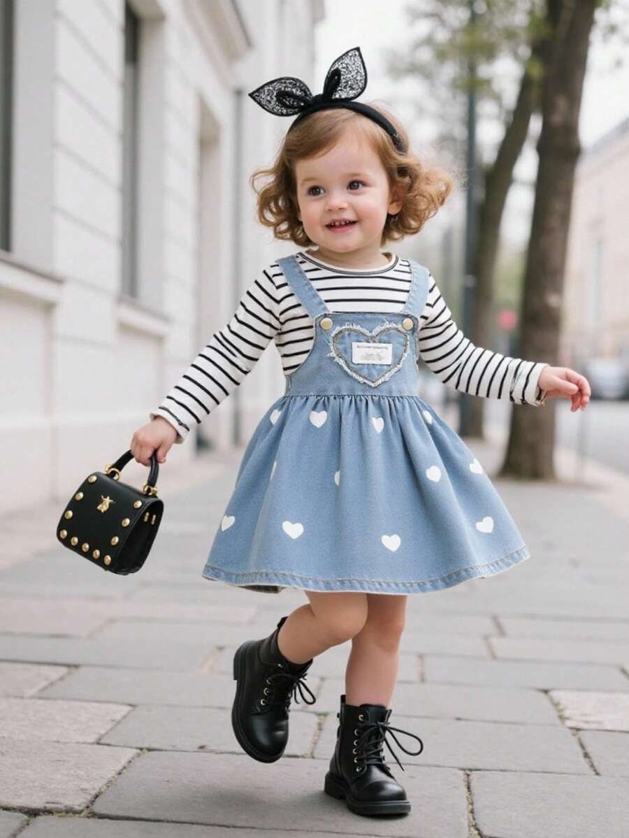 2 件女婴休闲可爱黑白条纹圆领长袖 T 恤搭配蓝色心形牛仔背带裙工装裤 2 件套 - 藍色 - 查看 1