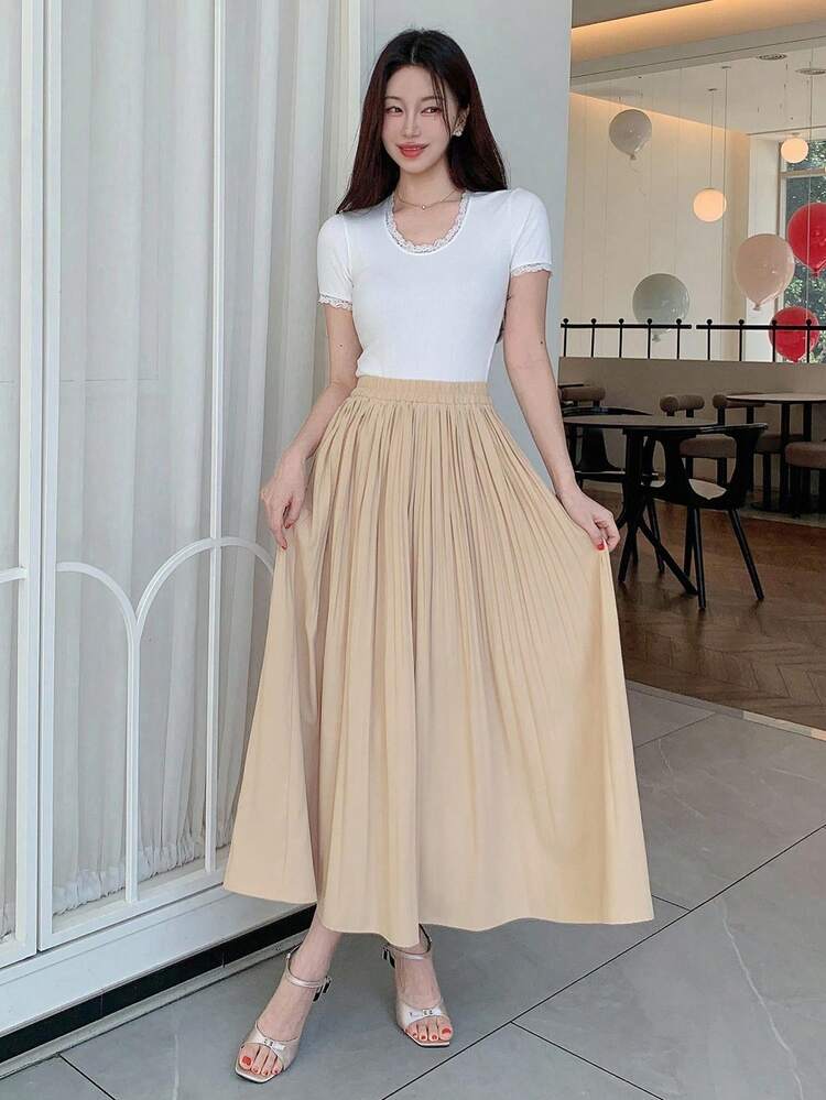 Women's Casual Elastic Waist A-Line Pleated Skirt