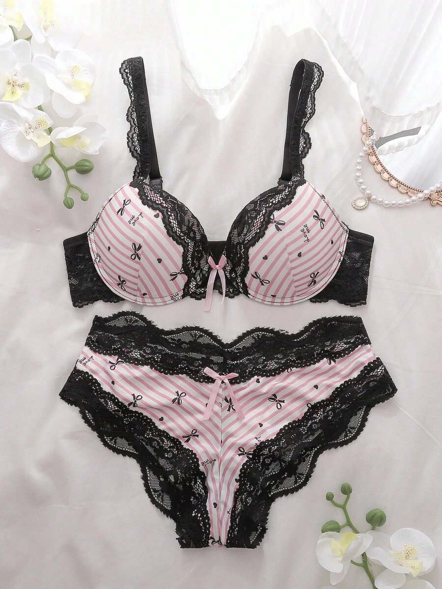 DelicateAllure Bộ 2 áo ngực và quần lót đệm màu hồng, trang trí nơ sọc tương phản, bộ đồ lót nữ dễ thương và quyến rũ - Hồng - Xem 1