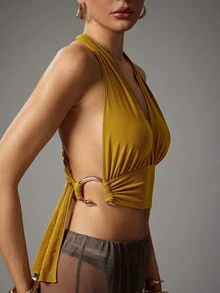 Hauture Women's Sexy Summer Vacay Night Out Halter With Side Snake Ring Rope Strap Detail Mustard Top - Yellow - View 3