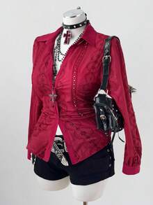 Sweetra 大码女式 V 领刺绣长袖修身纽扣衬衫，优雅通勤、复古、休闲、约会、派对，酒红色 - 酒紅色 - 查看 7