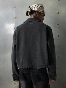 NEON BLANC Men's Black Spider Web Rhinestone Embellished Denim Shirt, Long Sleeve Top - Black - View 3