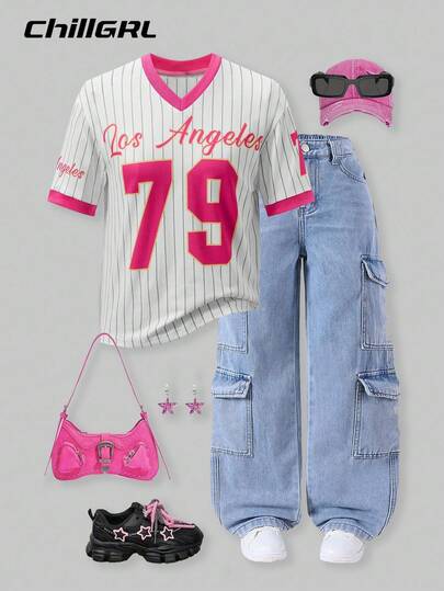 SHEIN Teen Girls Number & Stripe Print Short Sleeve Casual Street Style Volleyball Tee