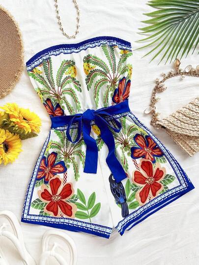 Soleia 女士休闲度假装、海滩婚礼宾客装、毕业典礼装、早午餐装、圣帕特里克节装、春假装、复活节装、音乐节装、优雅波西米亚装、热带装、优雅巴西蓝白印花露背连体裤