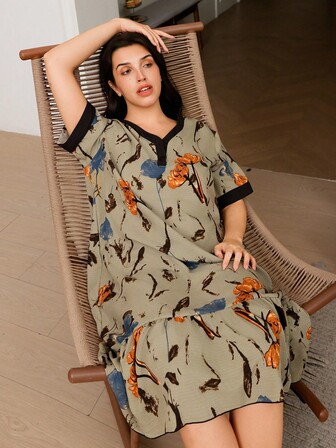 Serenescape 大码女式浪漫泡泡褶花卉印花长款睡袍