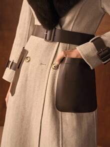 MOTF PREMIUM WOOL CONTRAST FUZZY LAPEL COLLAR FLAP POCKET DOUBLE BREASTED PLACKET LONGLINE OVERCOAT WITH BELT - Light Grey - View 3