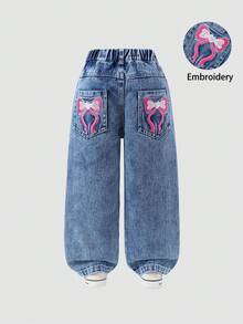 1pc Girls' Casual Flare Jeans, Simple Blue Washed Denim With Pink Bow Embroidery, Suitable For Everyday Wear Fall Winter - Medium Wash - View 3