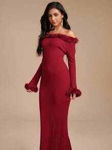 Glamine Elegant Commuter Solid Color Off Shoulder Long Knit Dress - Burgundy - View 5