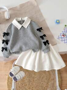 SHEIN Baby Mädchen süßer grauer Schleifen Sweatshirt & Mini Rock Set, Herbst/Winter