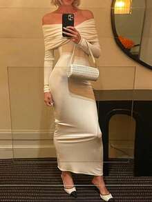 Slaydiva Women's Solid Color Ruched Off Shoulder Slim Sexy Long Sleeve Dress - White - View 3