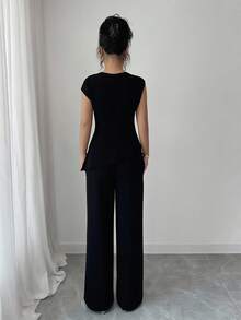 Elenzga Women's Elegant Off-Shoulder Metal Decor Sleeveless Asymmetric Hem Fitted Top And Loose Straight Leg Pants 2 Pieces Set, Versatile For Spring/Summer Vacation - Black - View 2