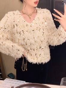 DAZY 亮片装饰宽松长袖上衣，独特设计，适合秋冬季 - 杏色 - 查看 8