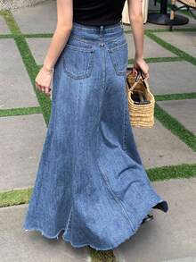 Minimalist Elegant Versatile Slimming A-Line Maxi Skirt - Dark Wash - View 2