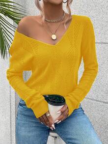 Breezaya V-Neck Backless Knit Sweater Fall Winter Cloth For Women Women Long Sleeve Tops Yellow Tops Yellow Top Women Yellow Sweater Off Shoulder Sweater