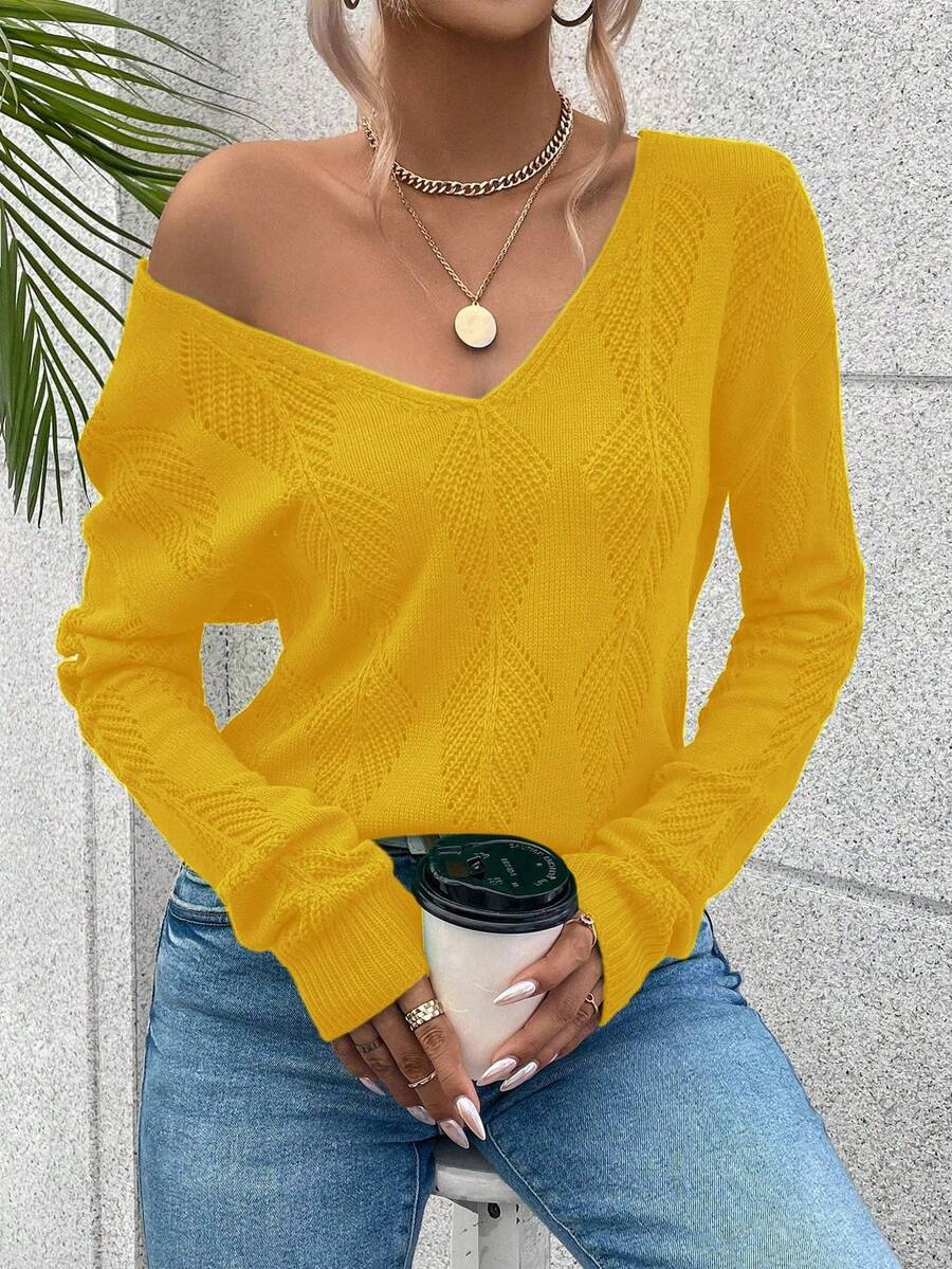 Breezaya V-Neck Backless Knit Sweater Fall Winter Cloth For Women Women Long Sleeve Tops Yellow Tops Yellow Top Women Yellow Sweater Off Shoulder Sweater