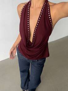 Aloruh Solid Color Rivet Decor Halter Draped Backless Blouse,Red Top - Burgundy - View 4